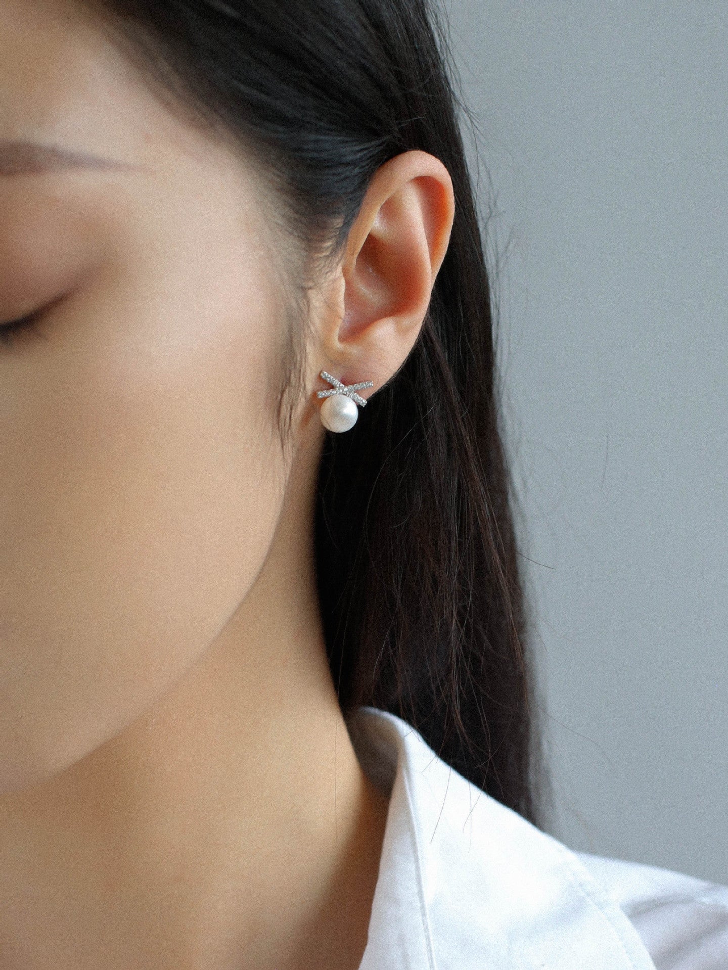 Sparkling X-Shaped Pearl Stud Earrings gembea jewelry
