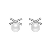 Sparkling X-Shaped Pearl Stud Earrings gembea jewelry