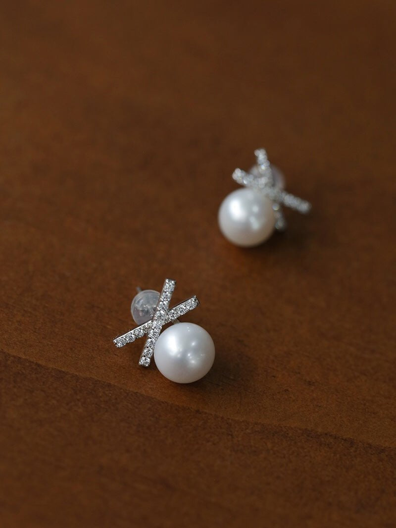 Sparkling X-Shaped Pearl Stud Earrings gembea jewelry