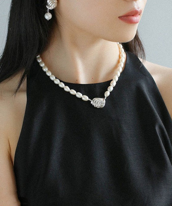 Spiral Metal Pendant Pearl Beaded Necklace gembea jewelry