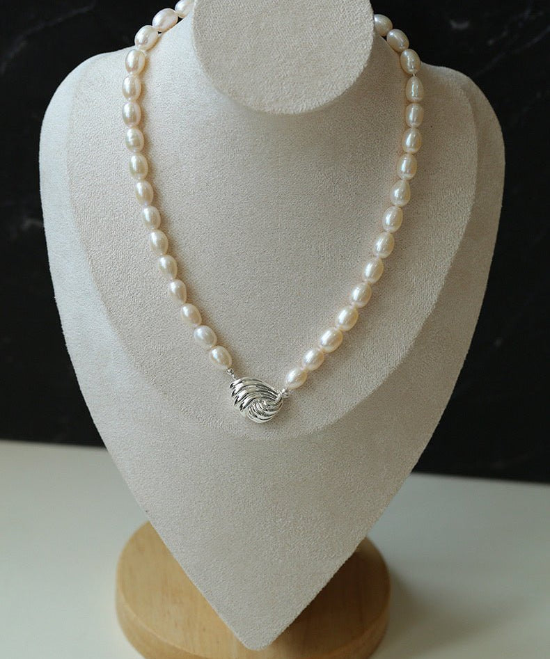 Spiral Metal Pendant Pearl Beaded Necklace gembea jewelry