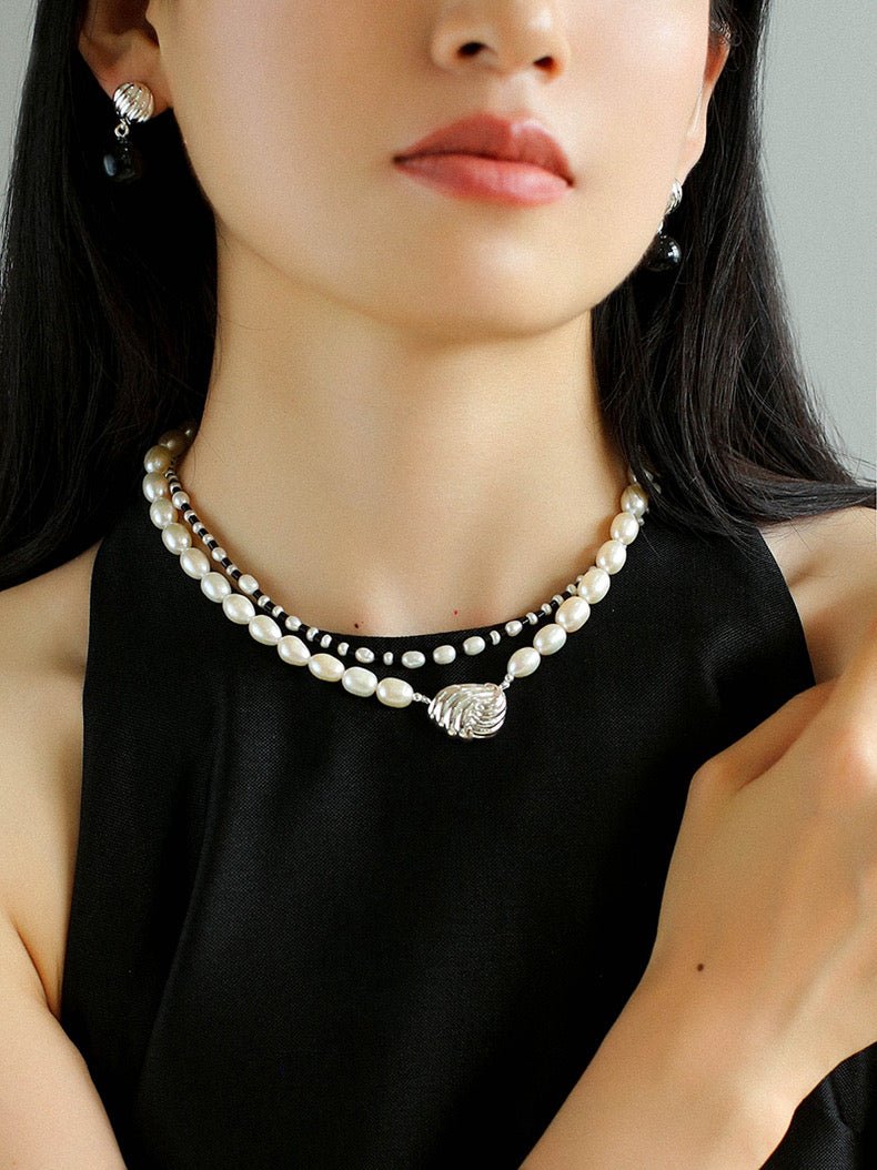 Spiral Metal Pendant Pearl Beaded Necklace gembea jewelry