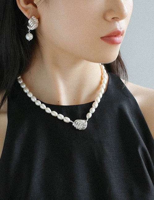 Spiral Metal Wind Stripe Pearl Drop Earrings gembea jewelry