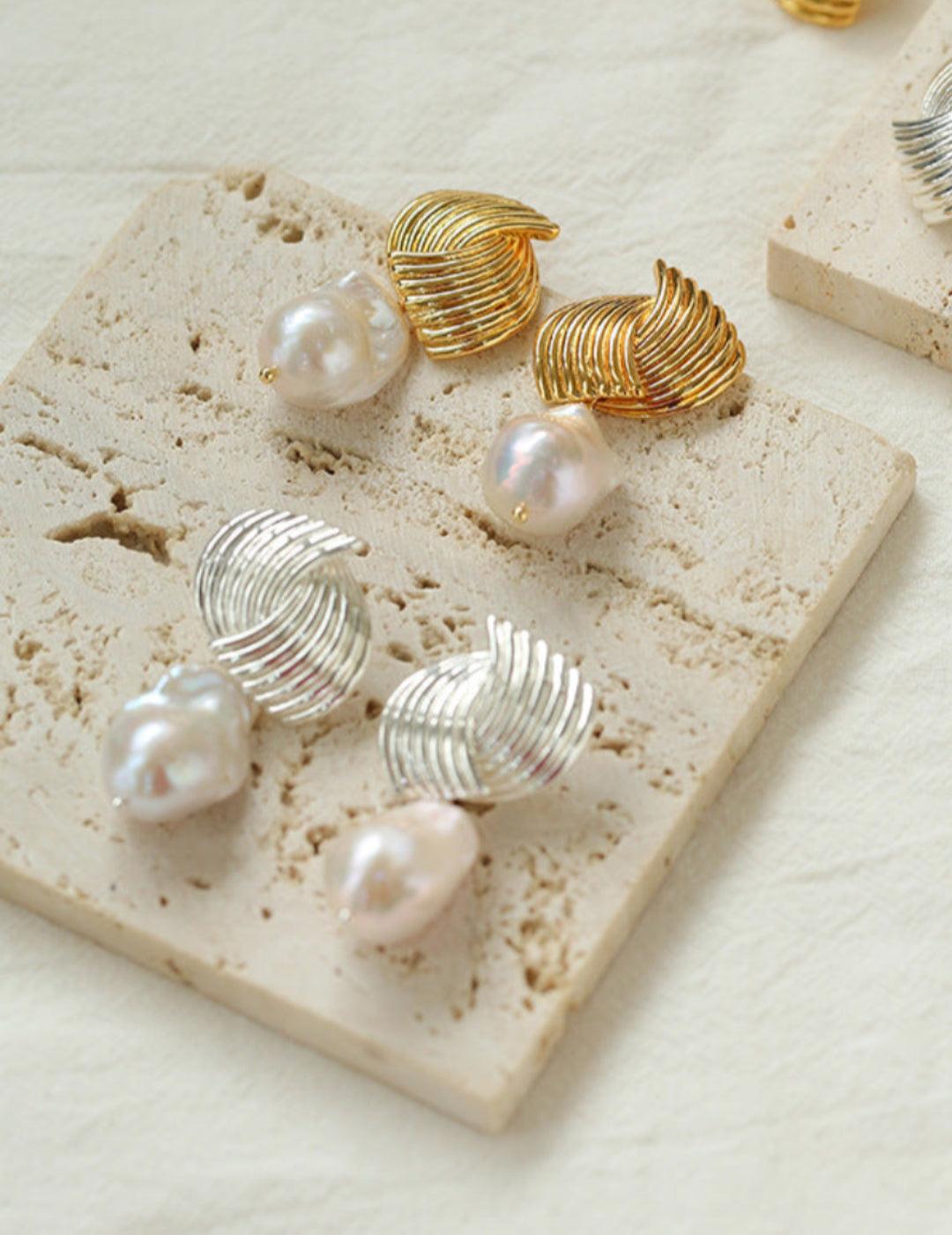 Spiral Striped Metal Baroque Pearl Drop Earrings - Gembea Jewelry