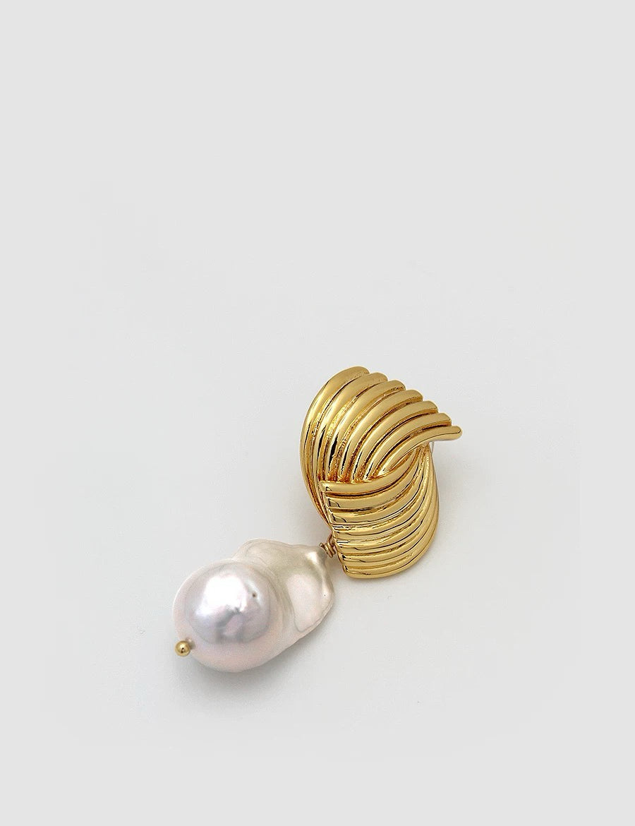 Spiral Striped Metallic Baroque Pearl Drop Earrings