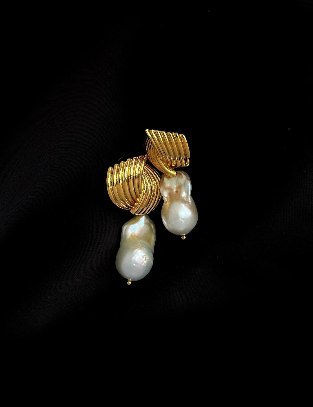 Spiral Striped Metallic Baroque Pearl Drop Earrings