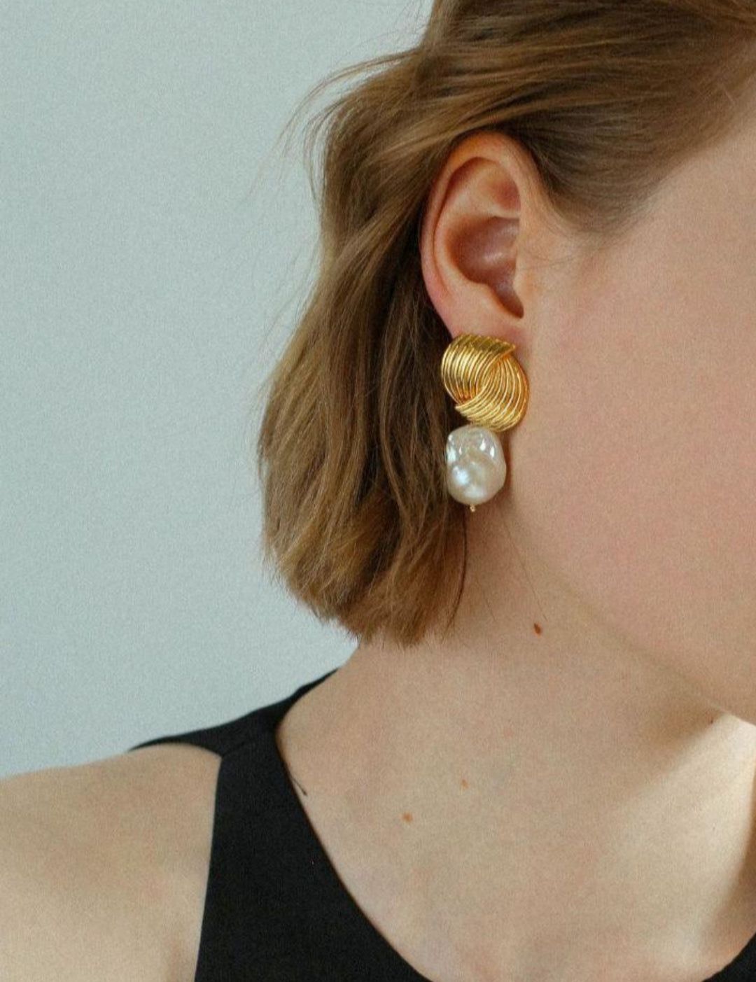 Spiral Striped Metal Baroque Pearl Drop Earrings - Gembea Jewelry