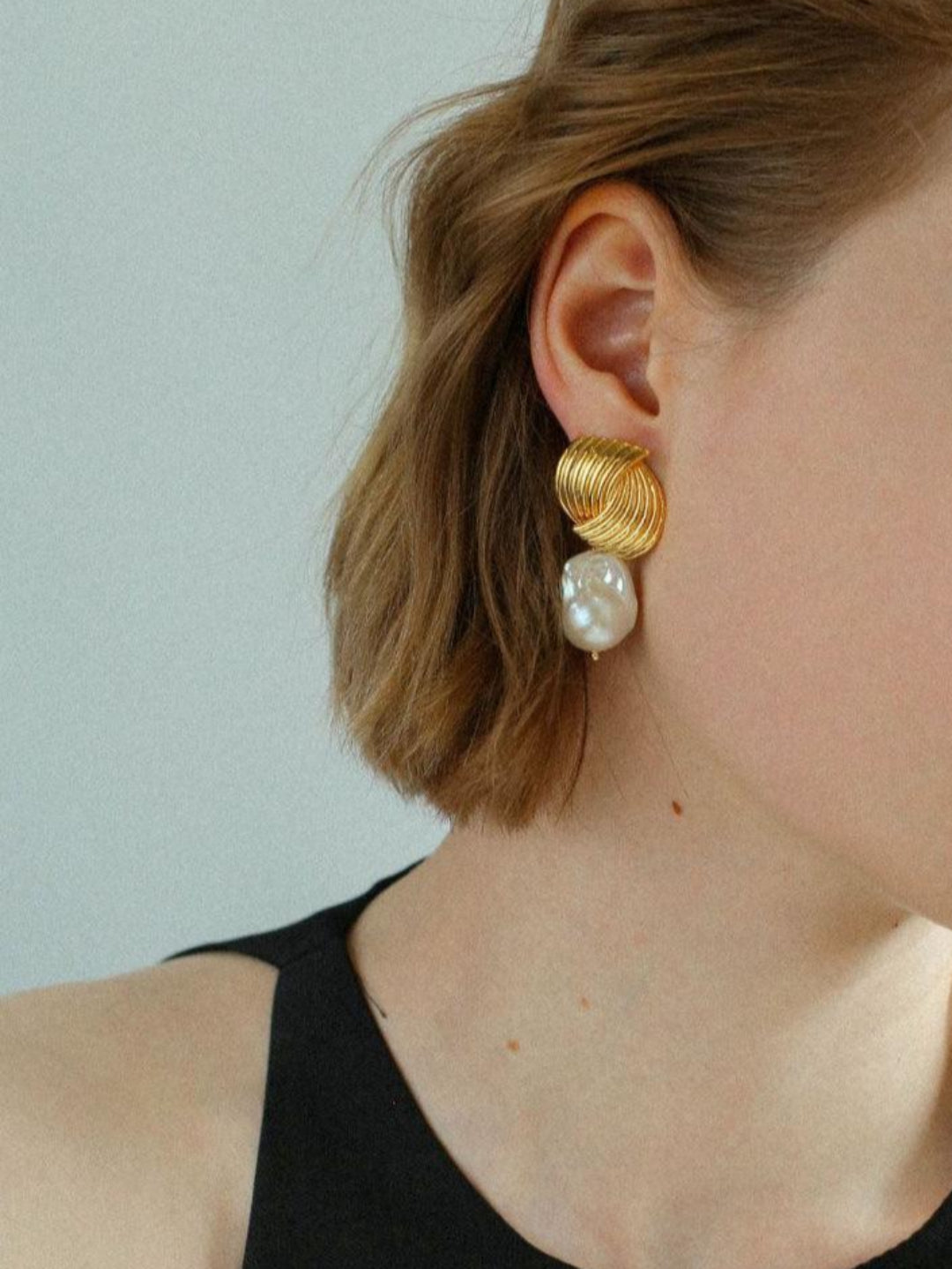 Spiral Striped Metal Baroque Pearl Drop Earrings - Gembea Jewelry