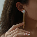 Square Baroque Pearl Gold Tassel Earrings-Gembea Jewelry