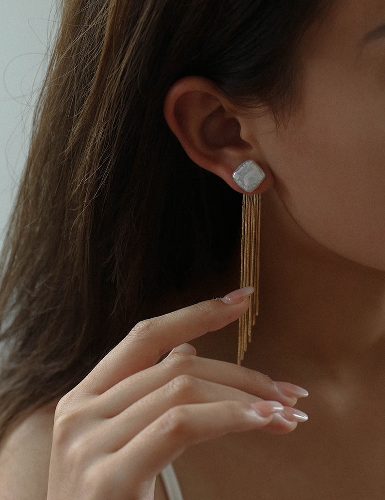 Square Baroque Pearl Gold Tassel Earrings-Gembea Jewelry