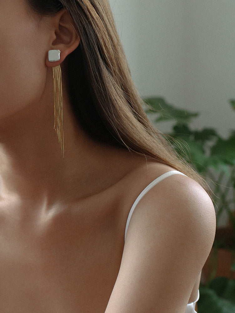 Square Baroque Pearl Gold Tassel Earrings-Gembea Jewelry