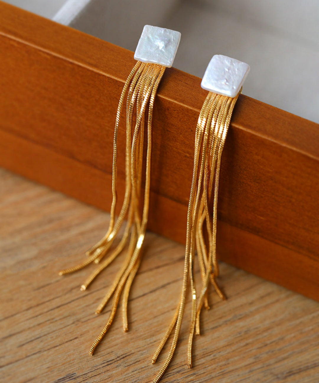 Square Baroque Pearl Gold Tassel Earrings-Gembea Jewelry