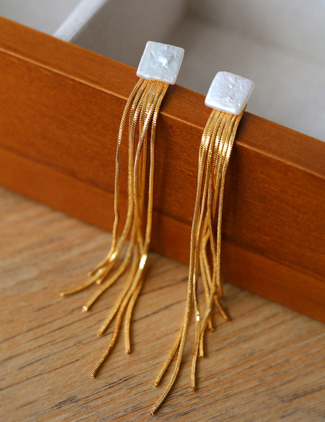 Square Baroque Pearl Gold Tassel Earrings-Gembea Jewelry