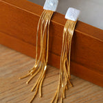 Square Baroque Pearl Gold Tassel Earrings-Gembea Jewelry