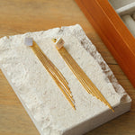 Square Baroque Pearl Gold Tassel Earrings-Gembea Jewelry