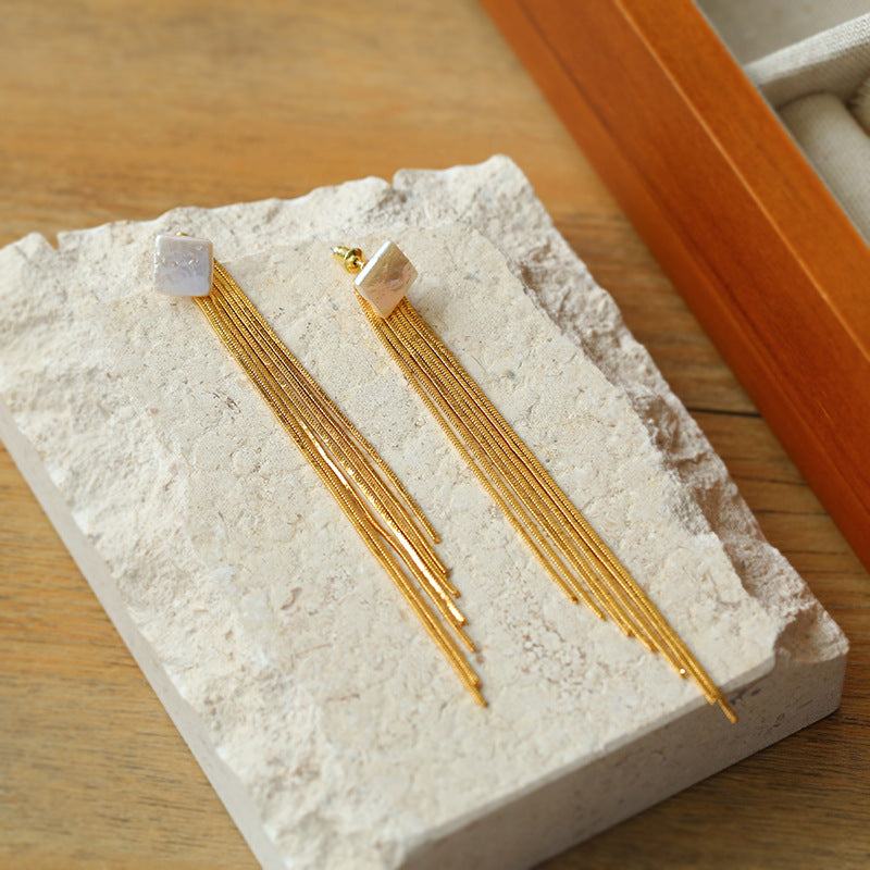 Square Baroque Pearl Gold Tassel Earrings-Gembea Jewelry