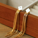 Square Baroque Pearl Gold Tassel Earrings-Gembea Jewelry