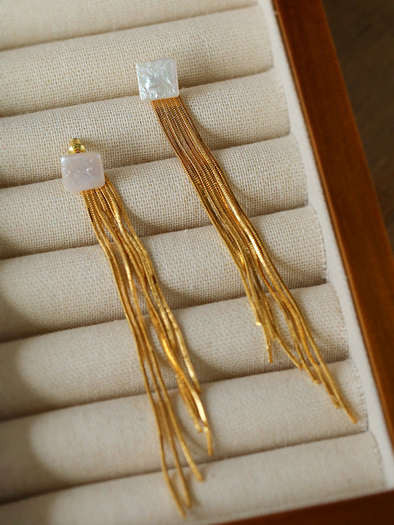 Square Baroque Pearl Gold Tassel Earrings-Gembea Jewelry