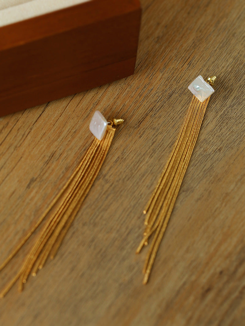 Square Baroque Pearl Gold Tassel Earrings-Gembea Jewelry