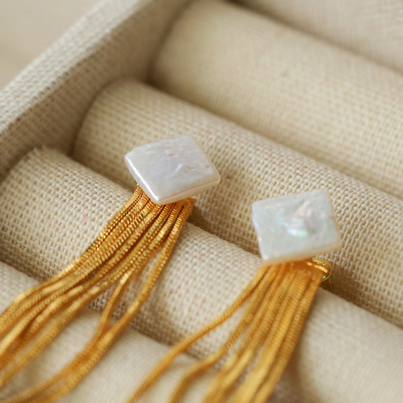 Square Baroque Pearl Gold Tassel Earrings-Gembea Jewelry