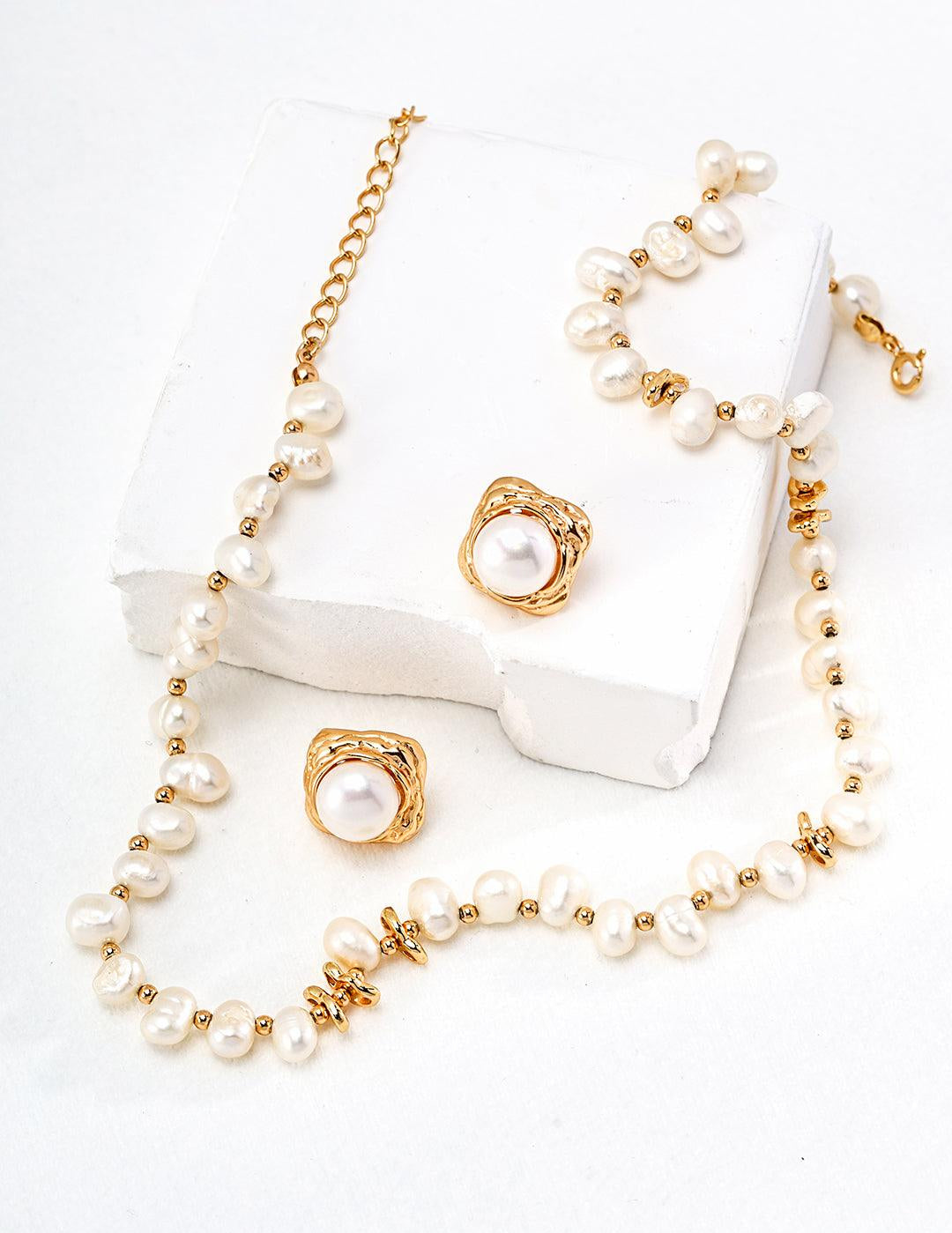 Staggered Design Gold Bean Beaded Pearl of Necklace - Gembea Jewelry