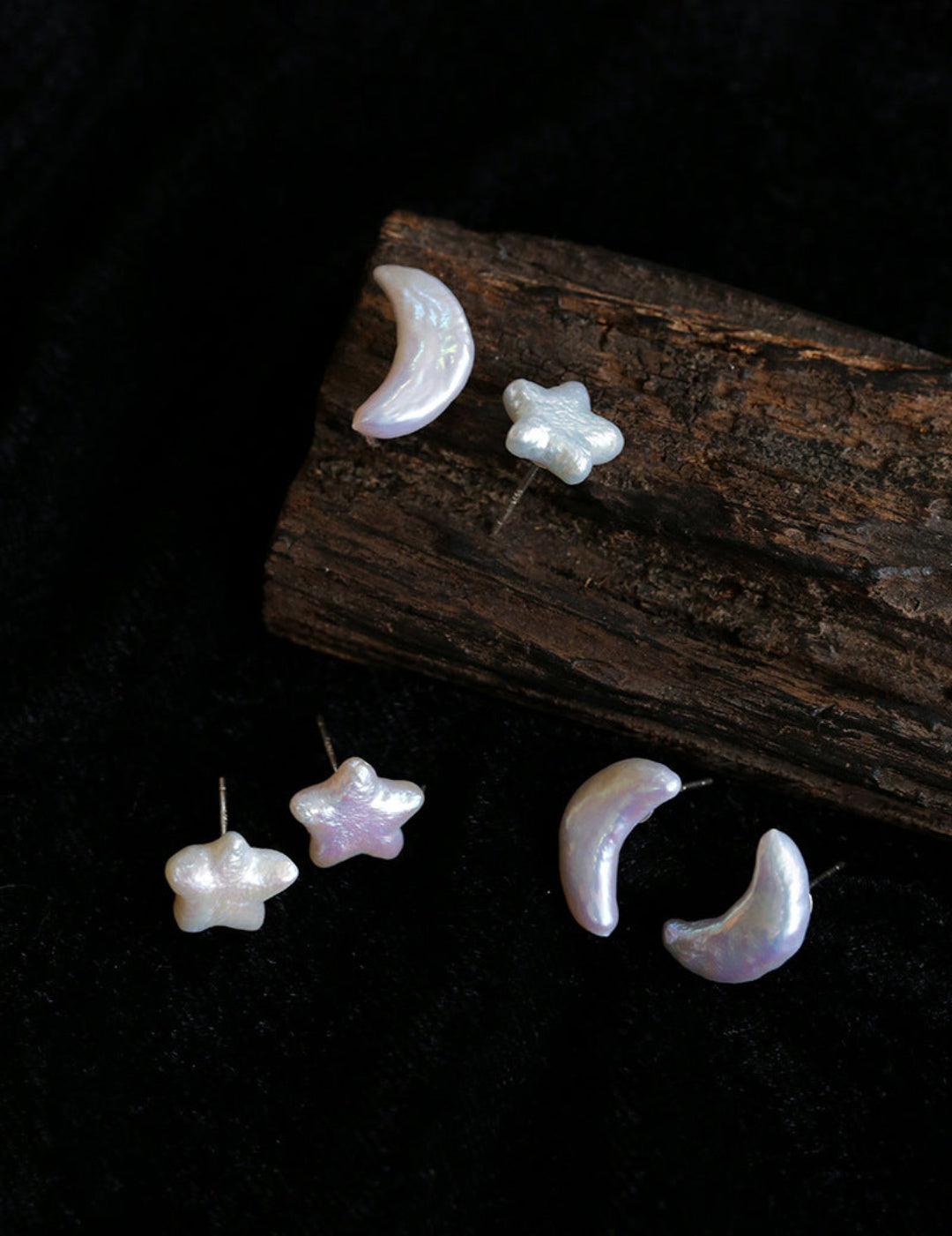 Stars Moon Baroque Pearl Stud Earrings - Gembea Jewelry
