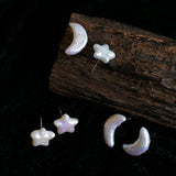 Stars Moon Baroque Pearl Stud Earrings - Gembea Jewelry