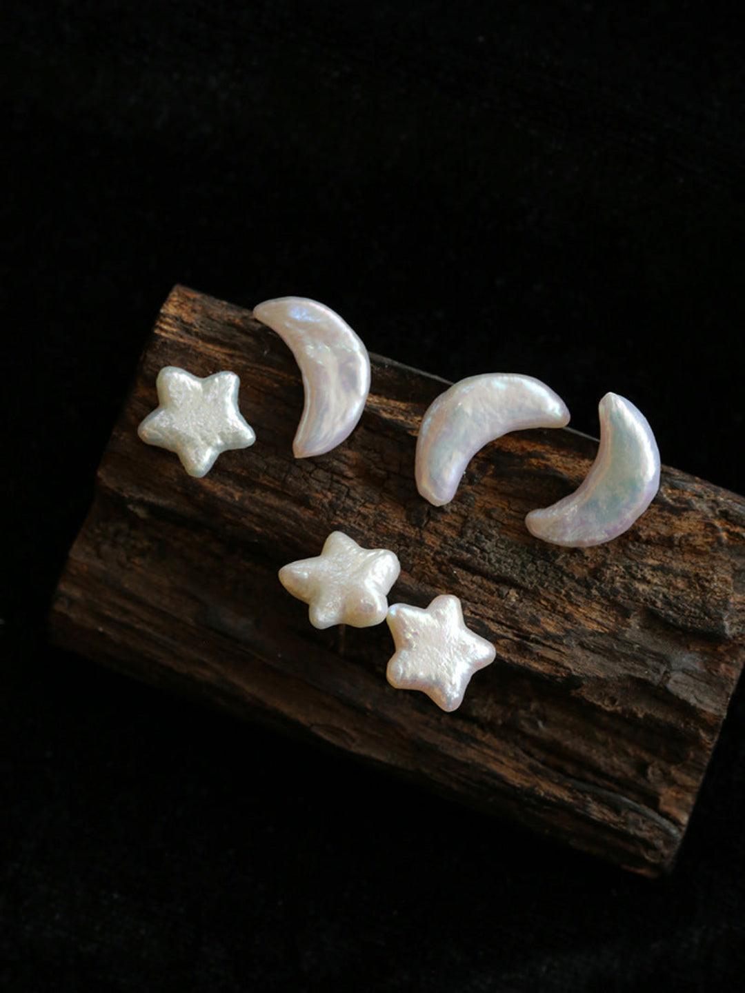 Stars Moon Baroque Pearl Stud Earrings - Gembea Jewelry