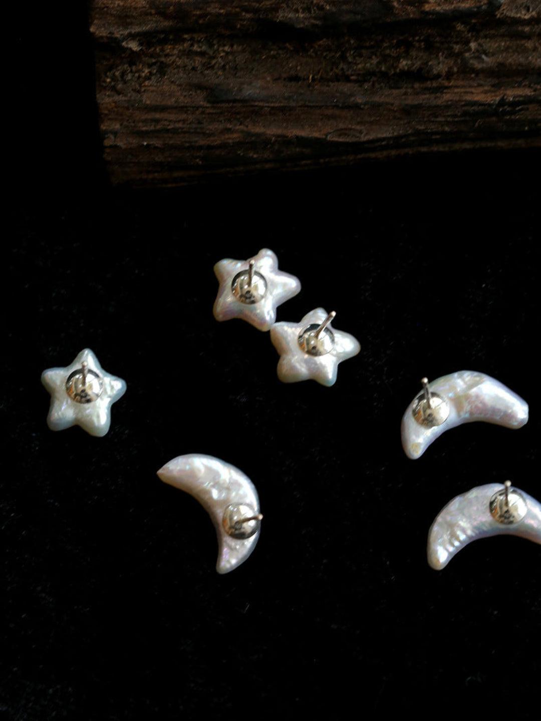Stars Moon Baroque Pearl Stud Earrings - Gembea Jewelry