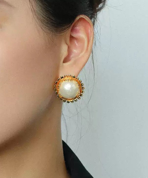 Sunflower Cotton Pearl Stud Earrings gembea jewelry