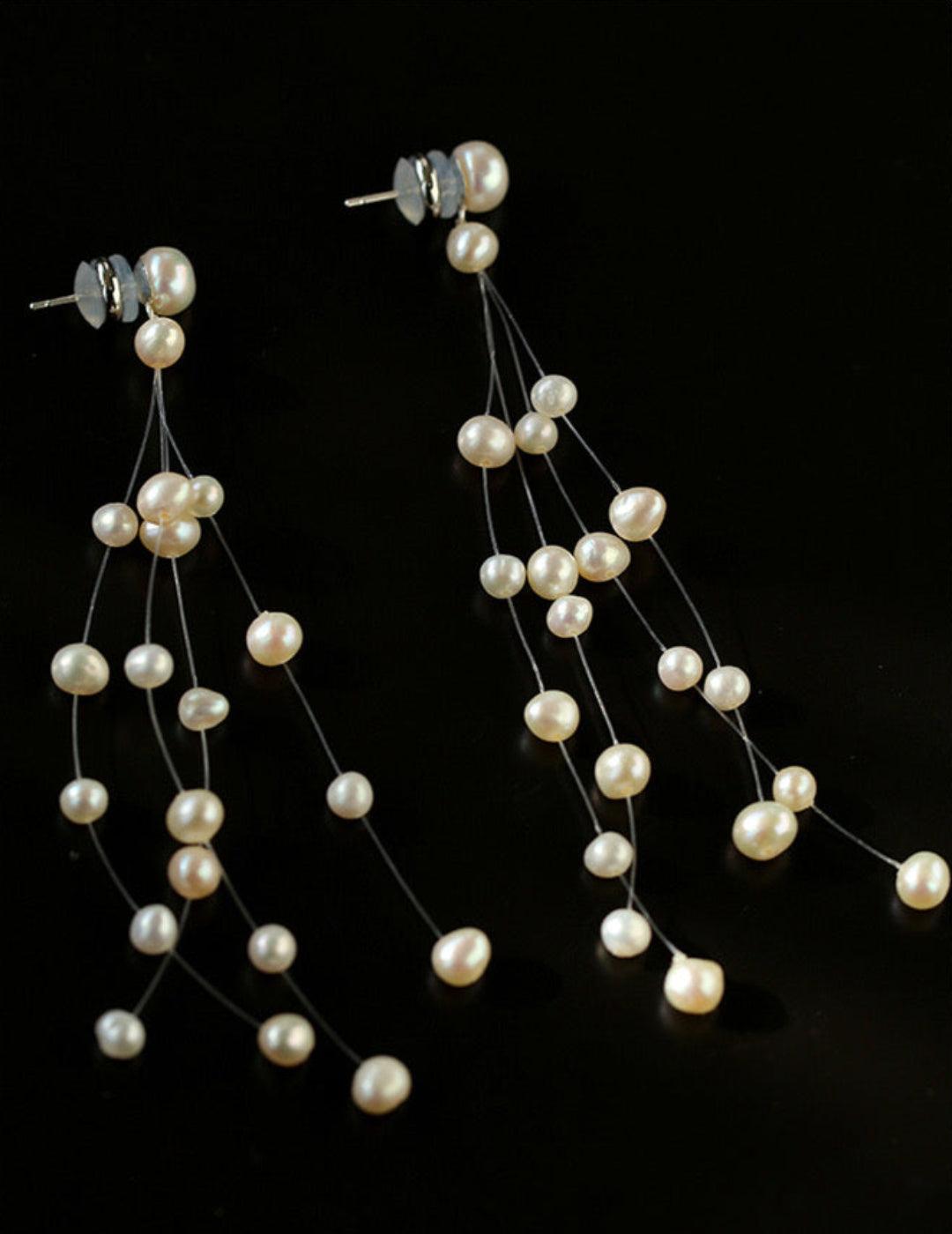 Suspended Handmade Invisible Thread Pearl Earrings - Gembea Jewelry