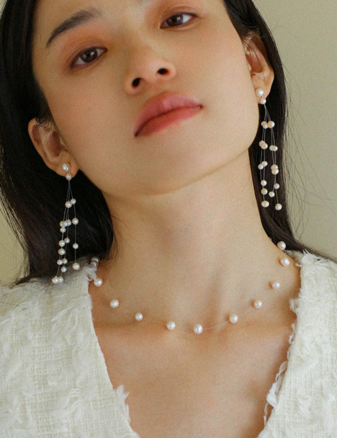 Suspended Handmade Invisible Thread Pearl Earrings - Gembea Jewelry