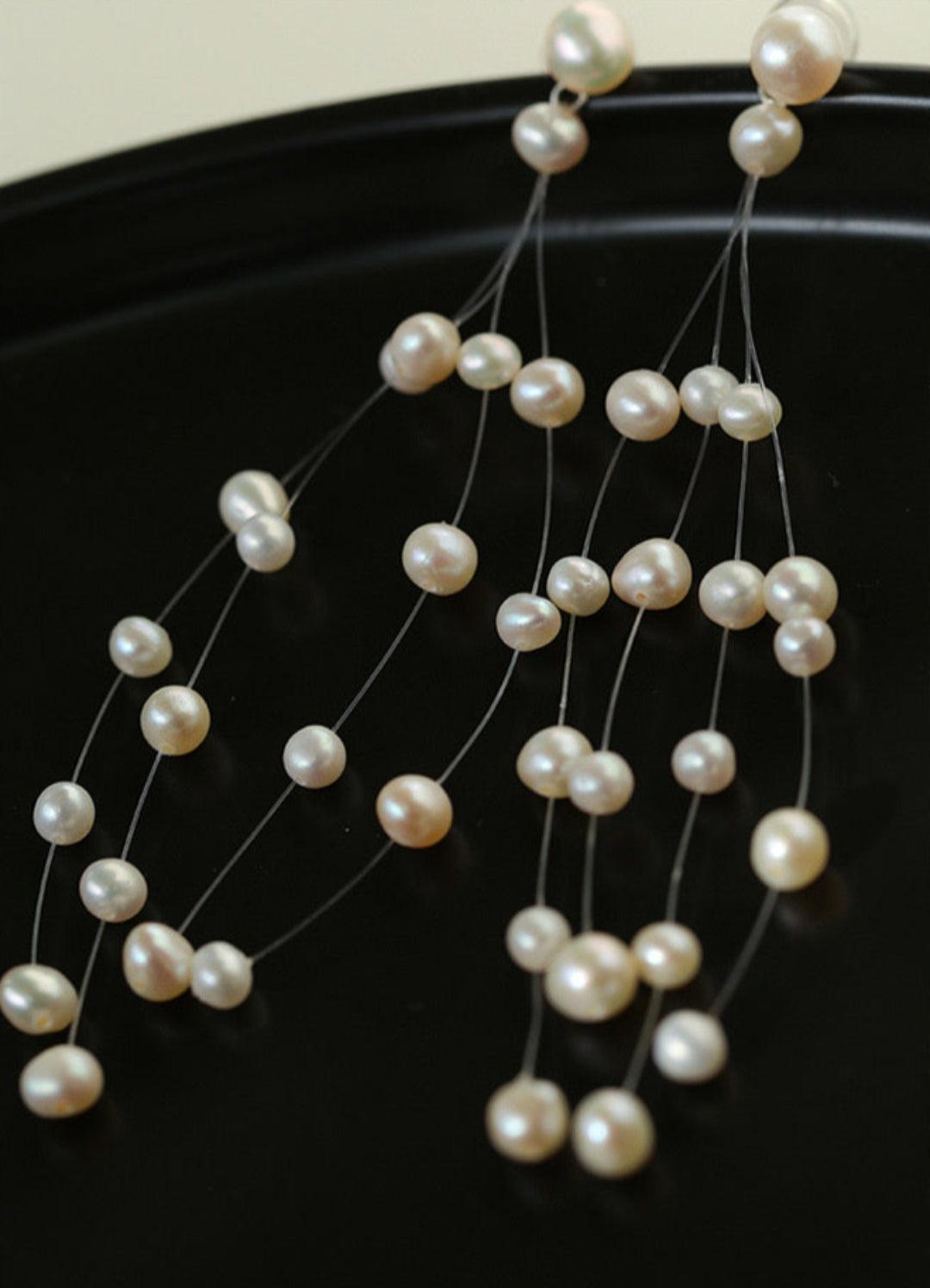 Suspended Handmade Invisible Thread Pearl Earrings - Gembea Jewelry