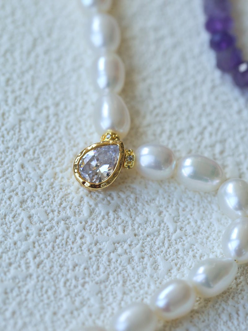Teardrop Zircon Pendant Pearl Beaded Necklace gembea jewelry