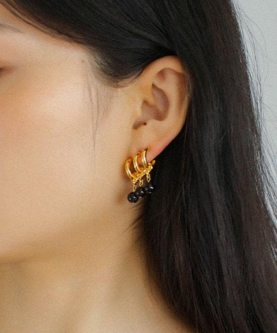 Three Hoops Black Agate Pendant Earrings - Gembea Jewelry