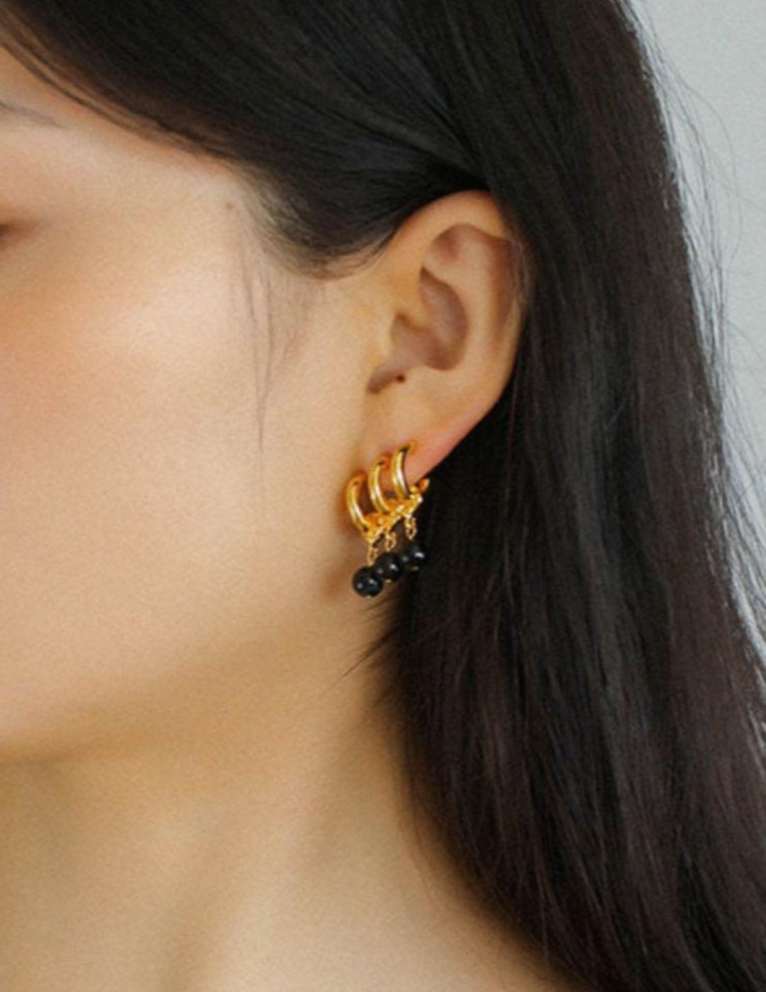 Three Hoops Black Agate Pendant Earrings - Gembea Jewelry