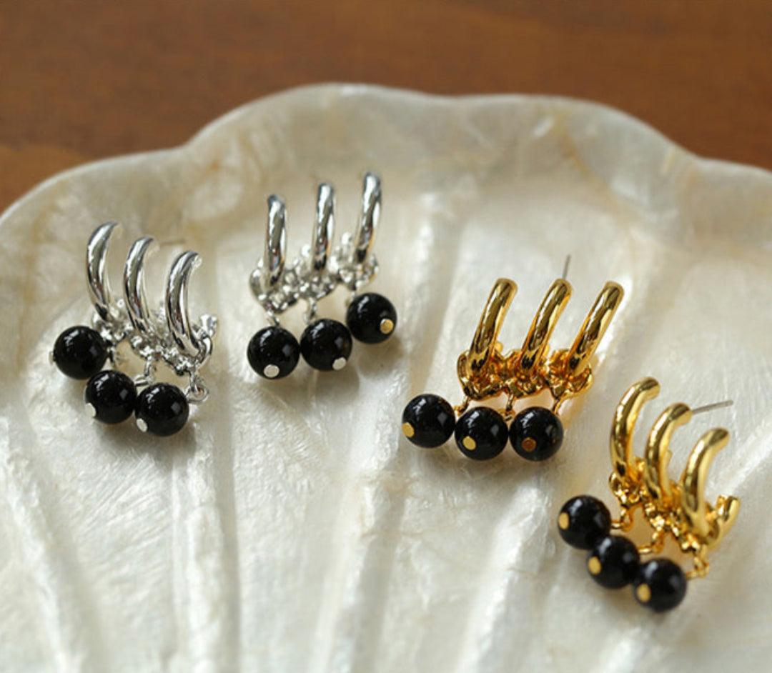 Three Hoops Black Agate Pendant Earrings - Gembea Jewelry