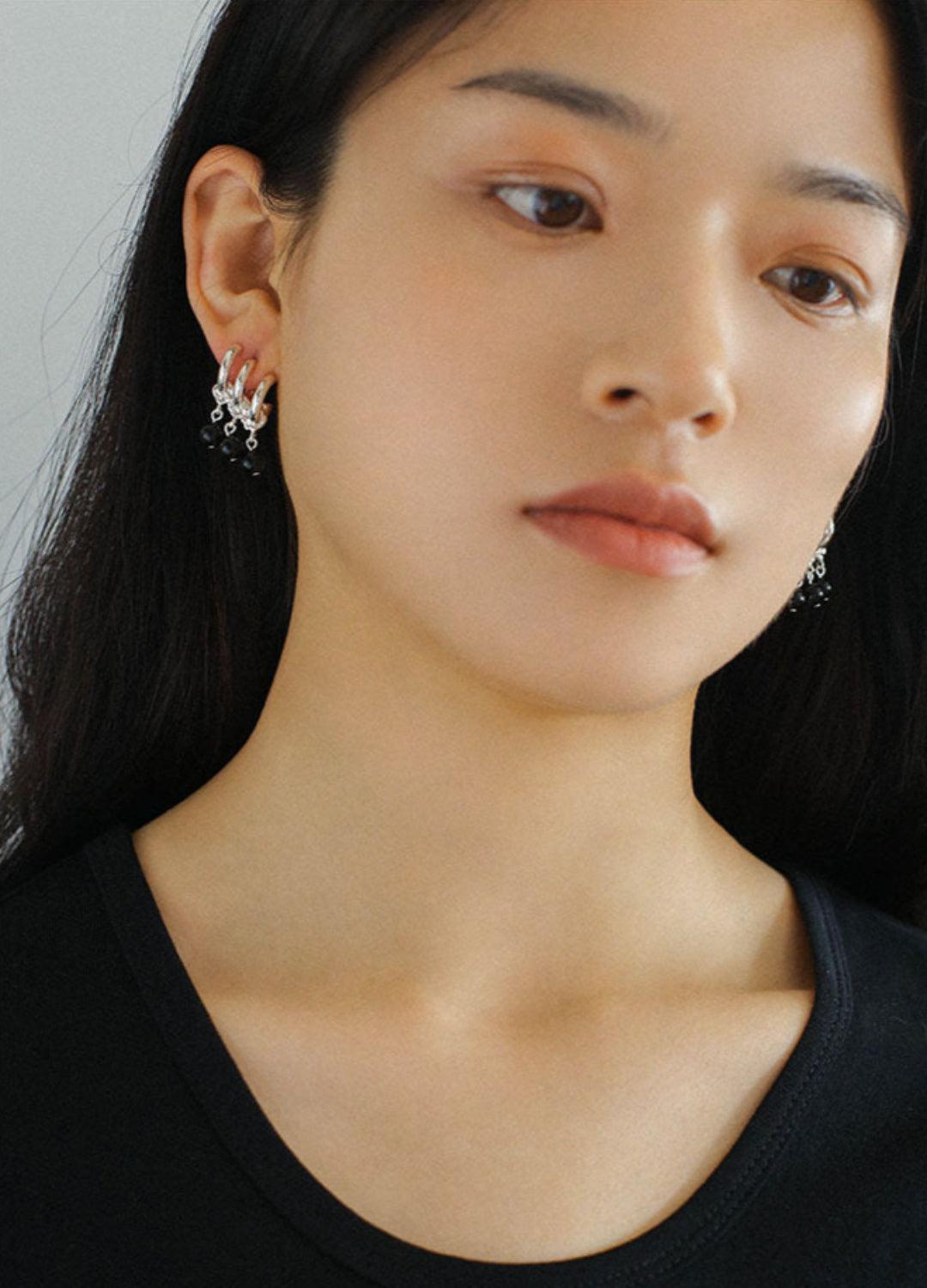 Three Hoops Black Agate Pendant Earrings - Gembea Jewelry