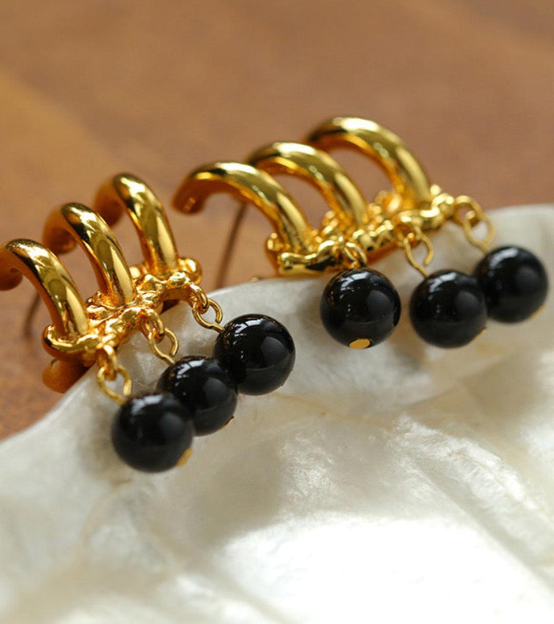 Three Hoops Black Agate Pendant Earrings - Gembea Jewelry