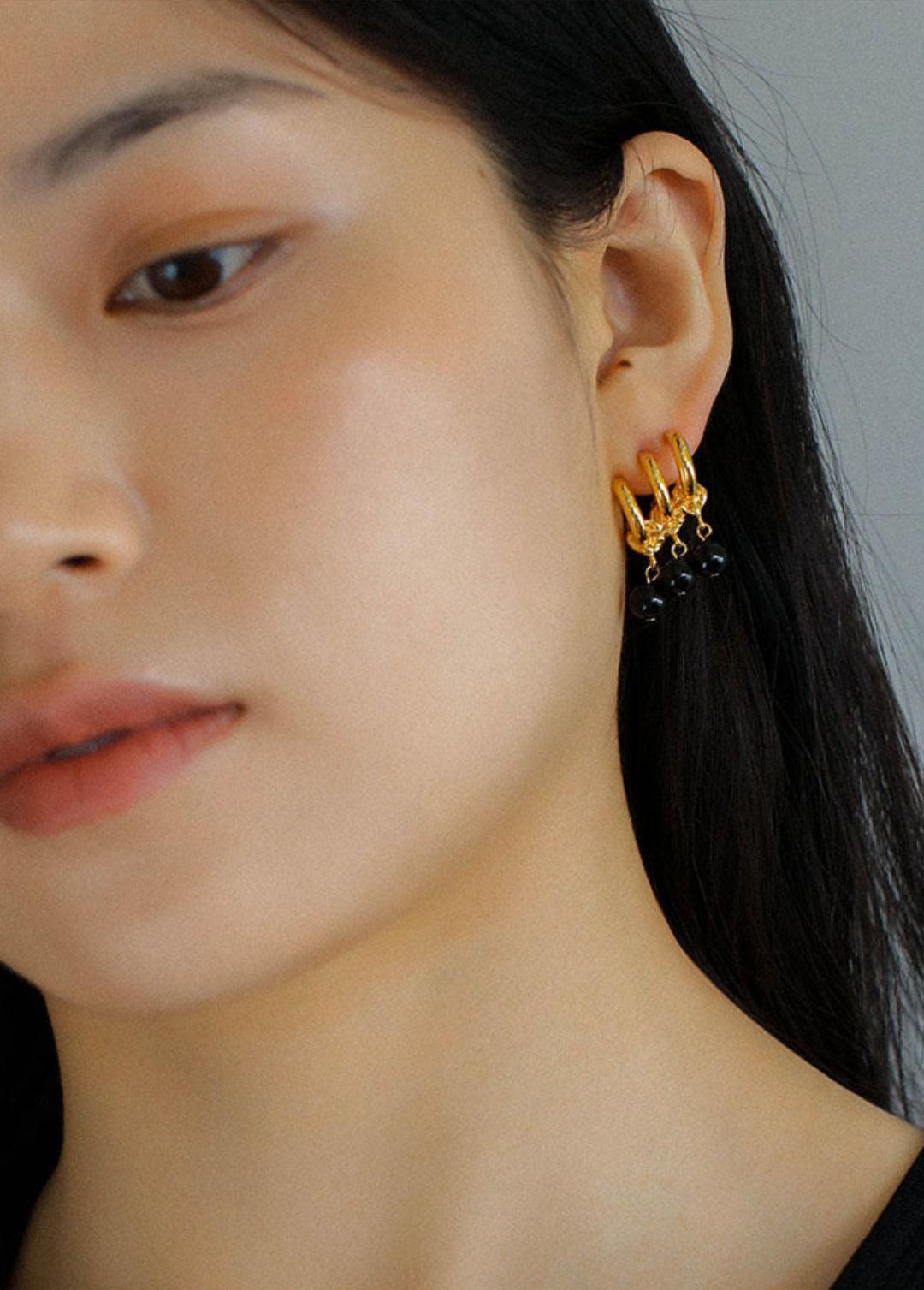 Three Hoops Black Agate Pendant Earrings - Gembea Jewelry