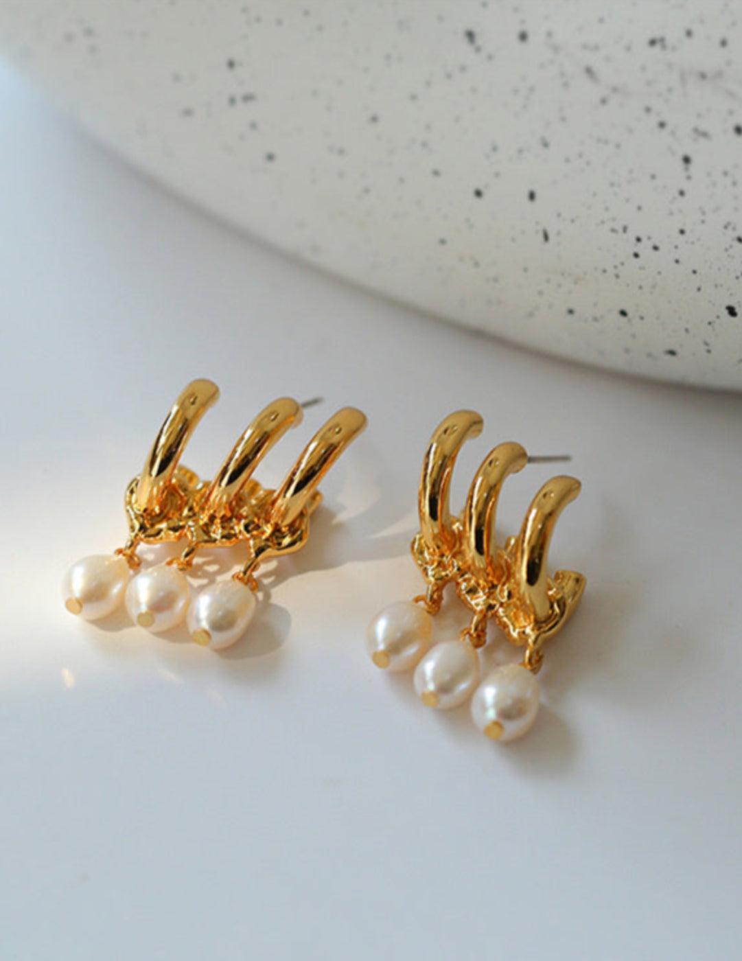 Three Hoops Natural Pearl Pendant Earrings - Gembea Jewelry