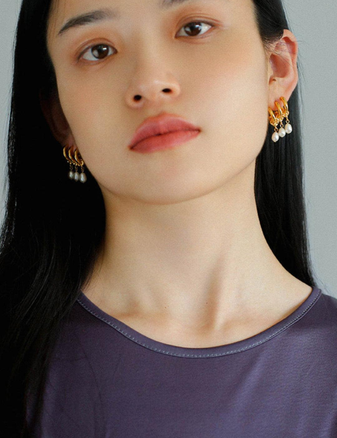 Three Hoops Natural Pearl Pendant Earrings - Gembea Jewelry