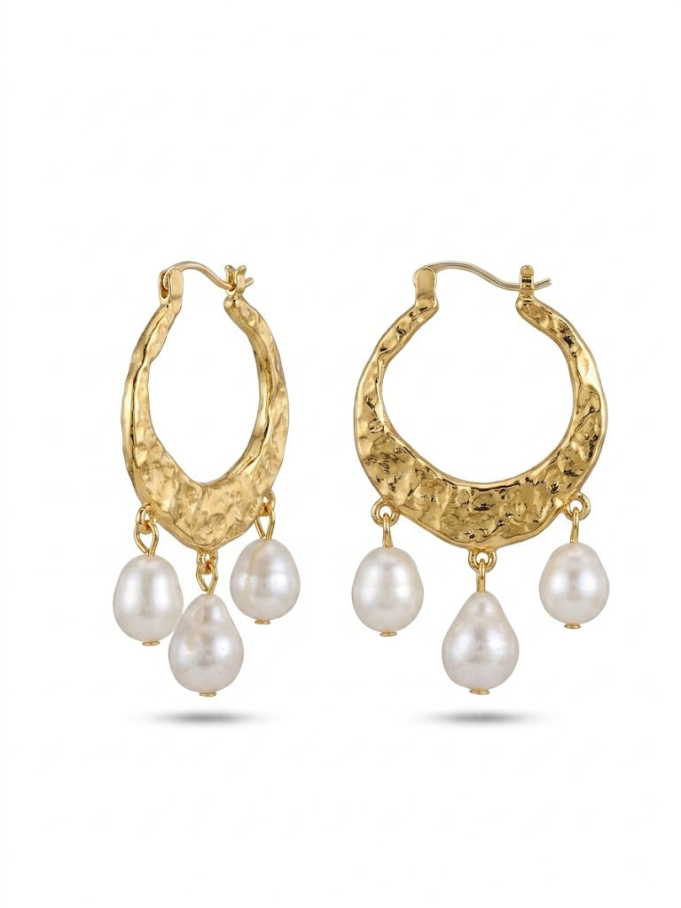 Three Pearls Drop Hoop Earrings gembea jewelry