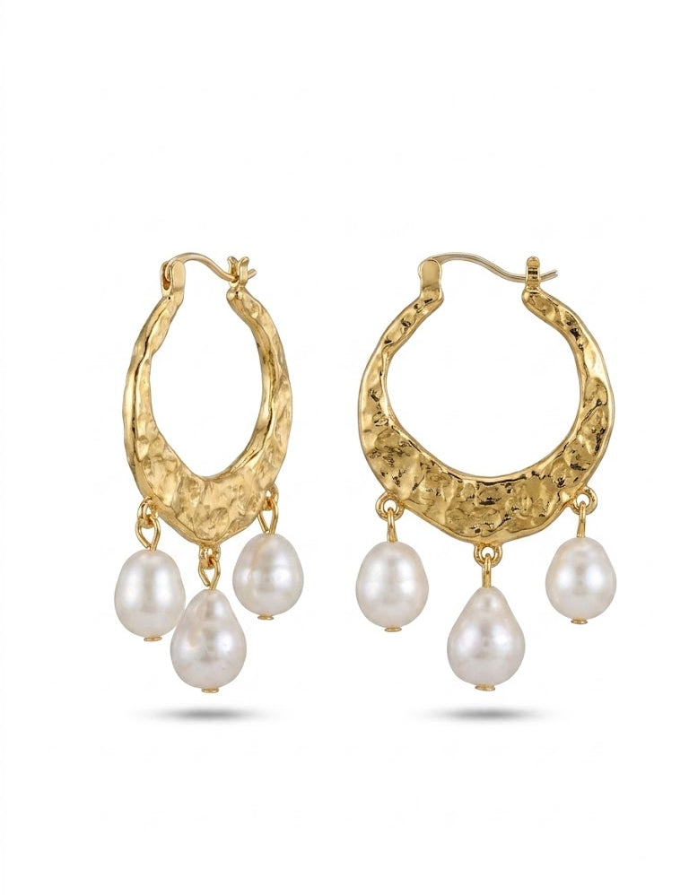 Three Pearls Drop Hoop Earrings gembea jewelry