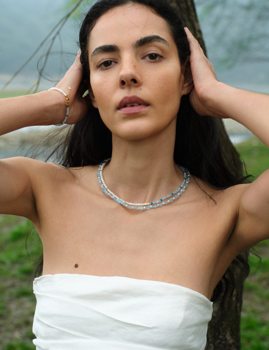 Tidal Stars Aquamarine Freshwater Pearl Necklace gembea jewelry