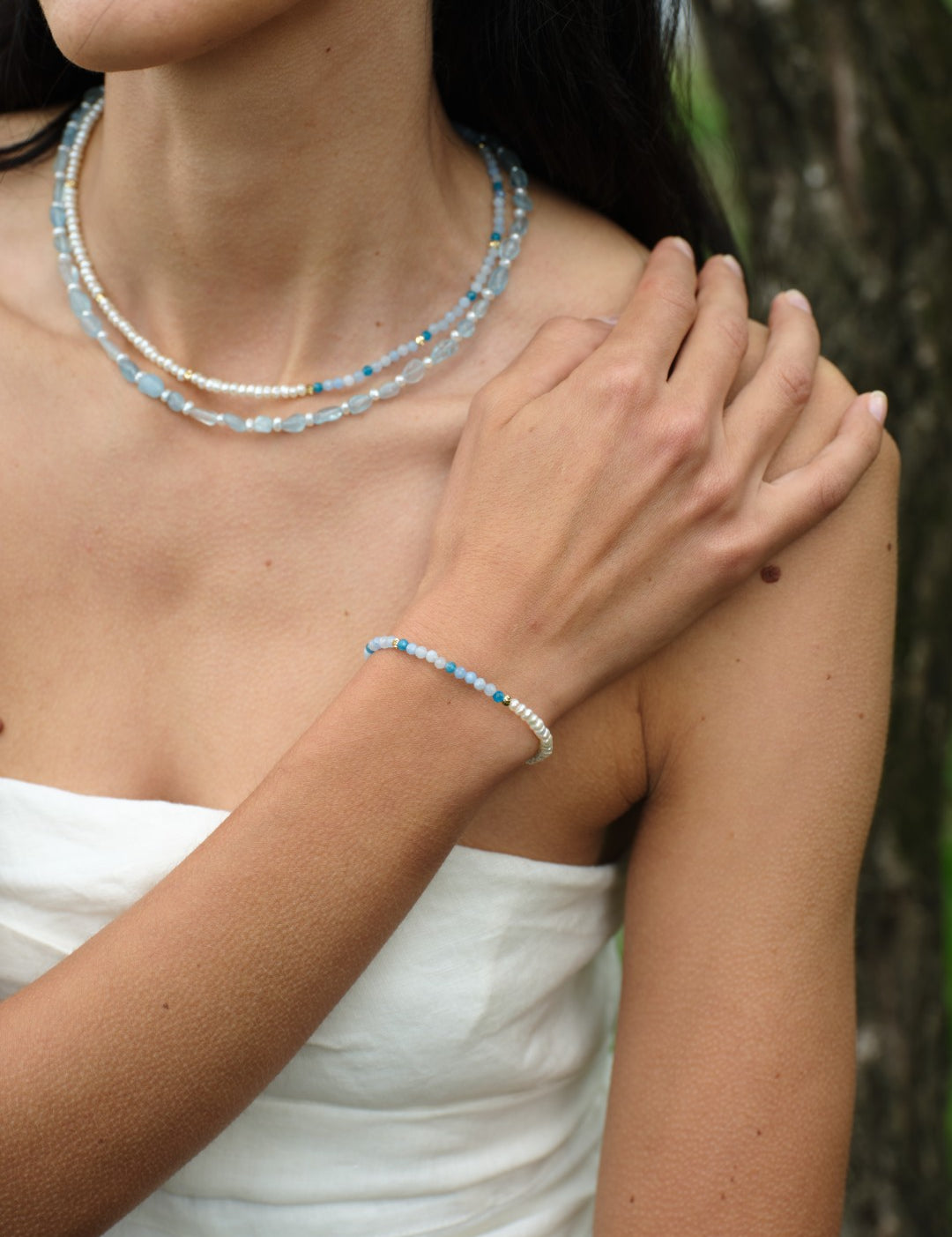 Tidal Stars Aquamarine Freshwater Pearl Necklace gembea jewelry