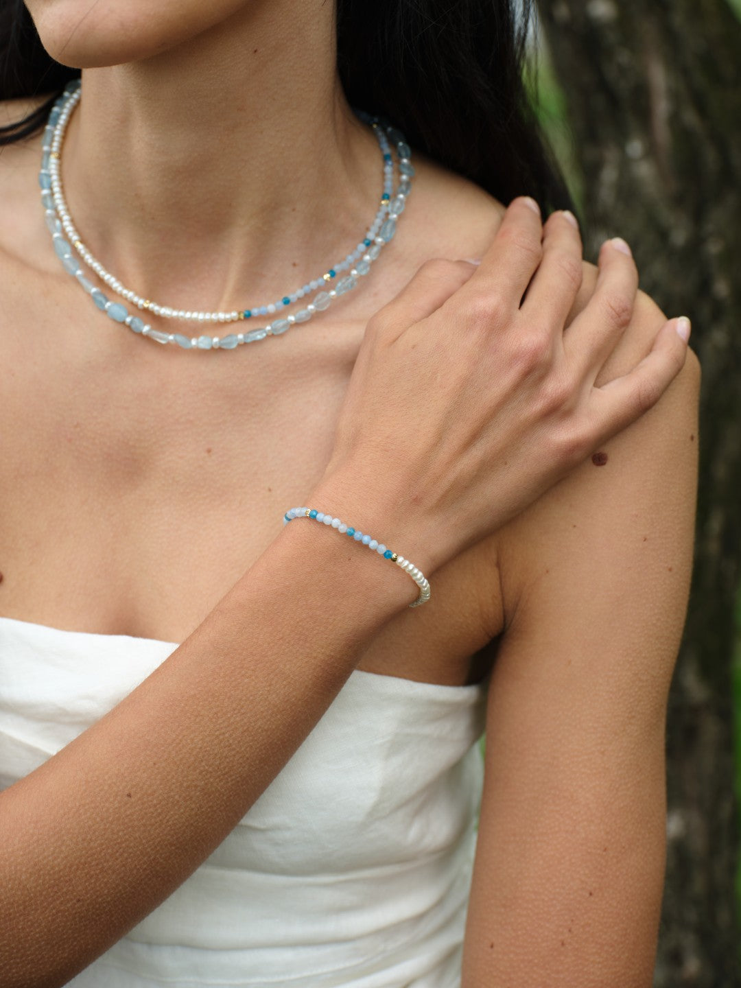 Tidal Stars Aquamarine Freshwater Pearl Necklace gembea jewelry