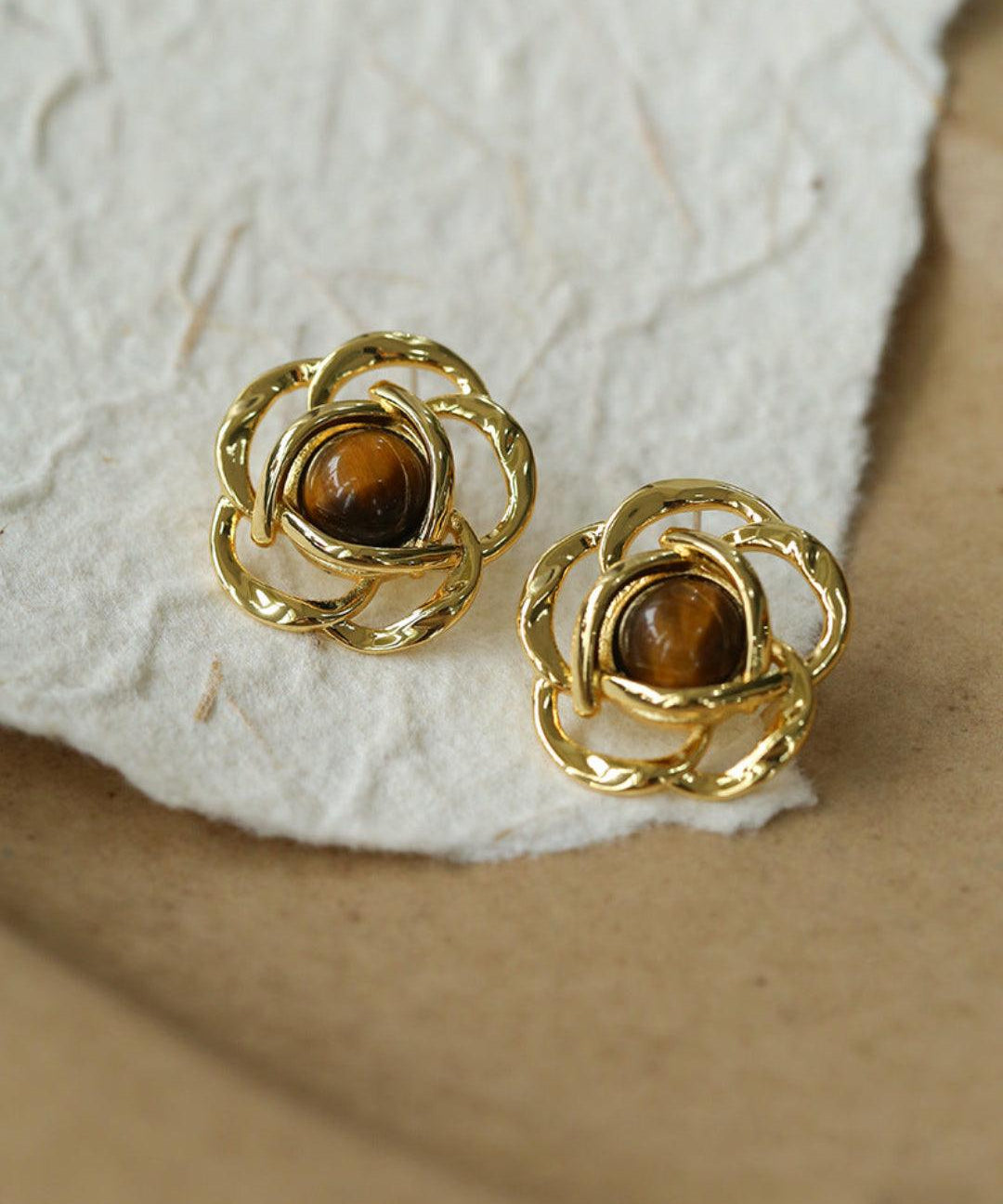 Tiger Eye Gemstone Camellia Earrings - Gembea Jewelry
