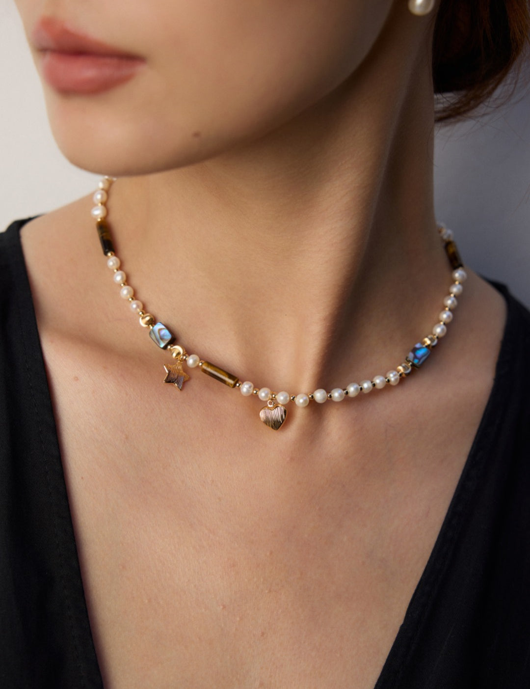 Tiger Eye Stone Abalone Shell Pearl Necklace Gembea Jewelry