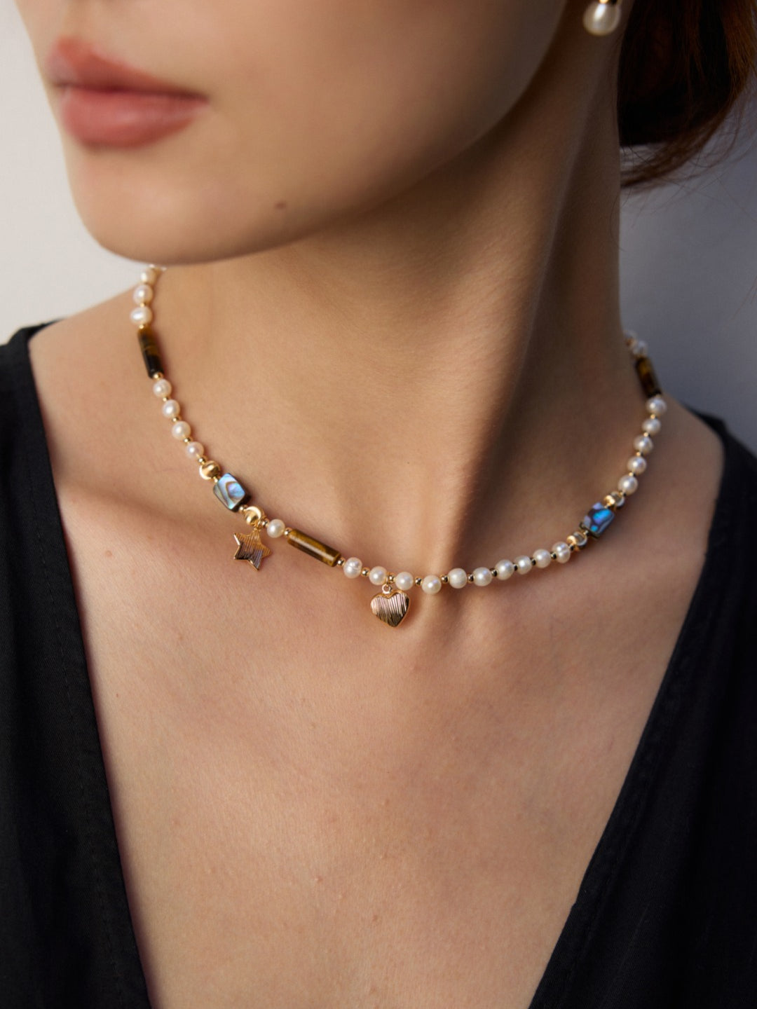 Tiger Eye Stone Abalone Shell Pearl Necklace Gembea Jewelry